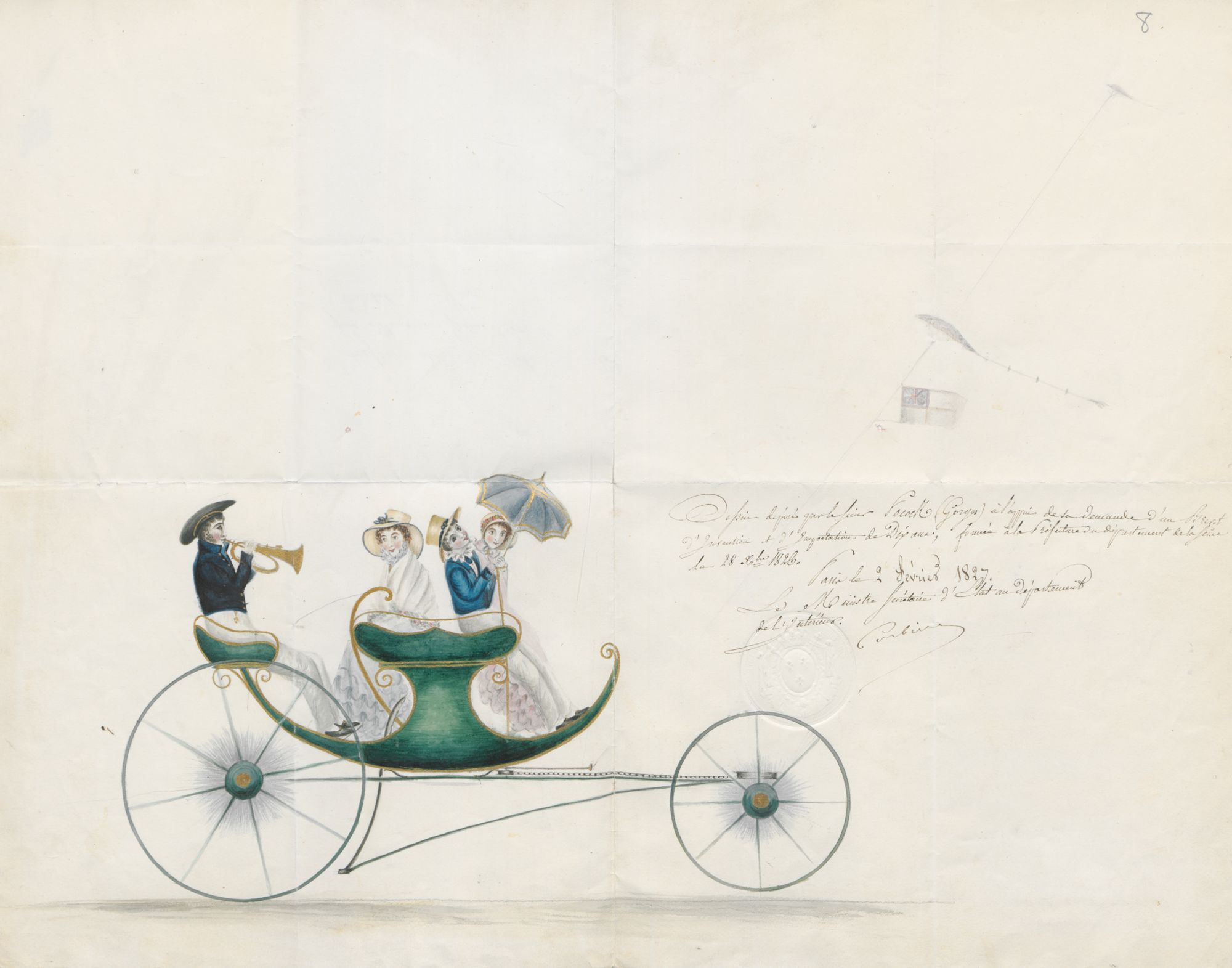 Patent 1BA2641 filed by George Pocok on 28/12/1826 for the application of kites to navigation, to pulling carriages, to lifting weights into the air, [...] and finally to rescuing shipwreck victims (1BA2641, INPI archives).